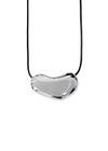 Heart-shaped silver pendant on a black cord against a white background
