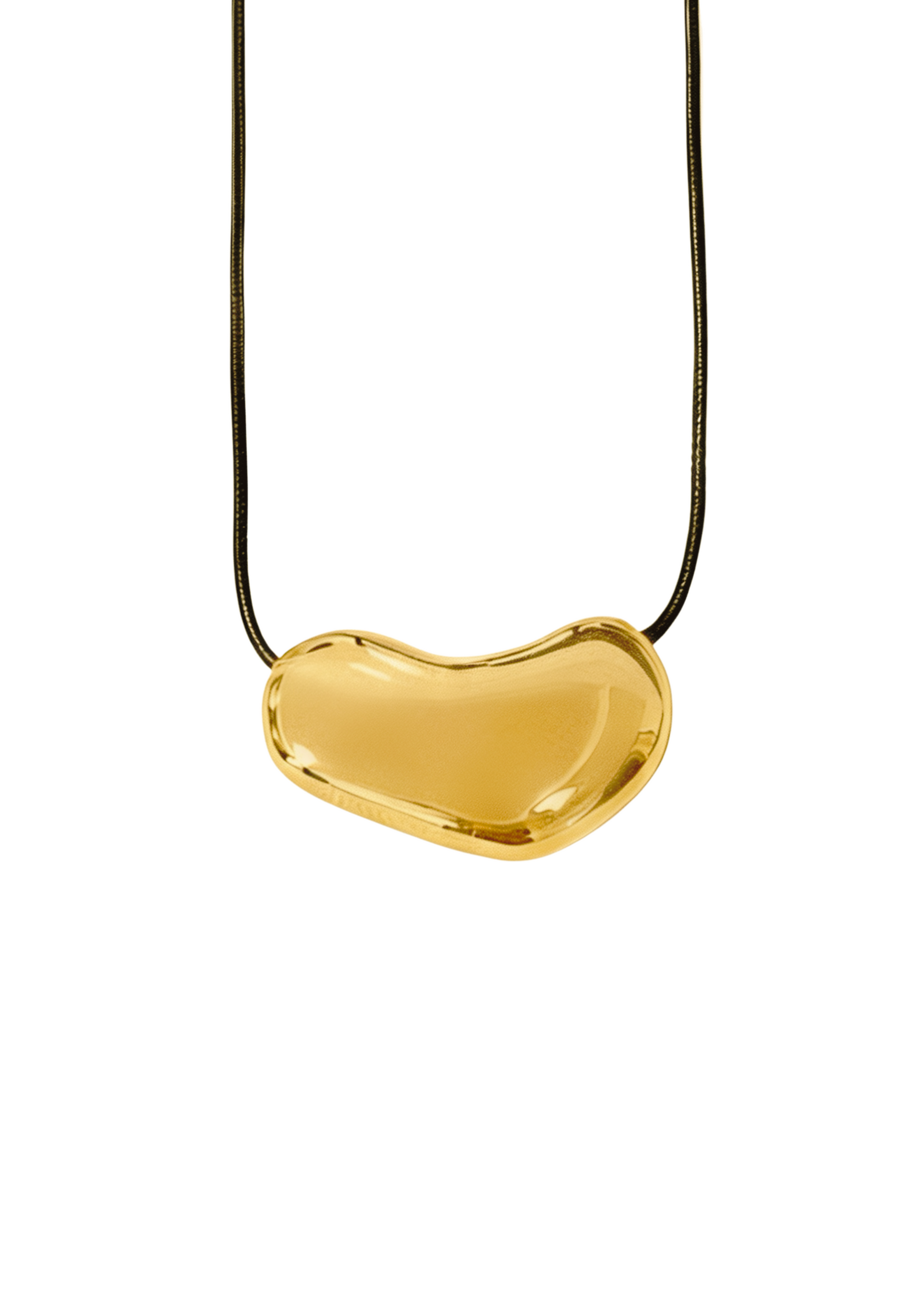 Gold heart-shaped pendant on a black cord against a white background